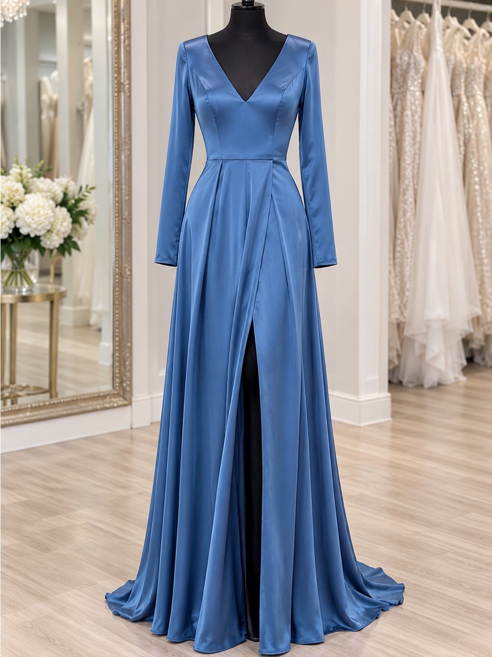 Mac Duggal Blue Satin Long Sleeve Gown Size 4 Wedding Evening Formal Gala